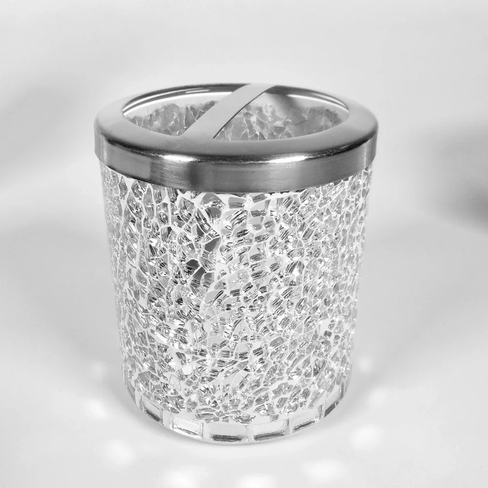 4 pc Mosiac Silver Mirror Glass Soap Dispenser Dish Jar Toothbrush Holder Bling